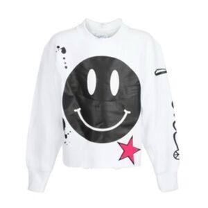 Lucy’s White Distressed Crew Neck Smiley & Splatter Sweatshirt Girls Small EUC